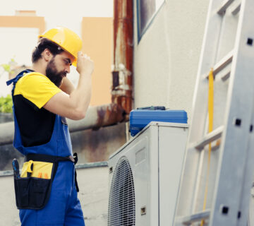 teknisi service AC Jakarta Pusat memperbaiki unit AC di rumah pelanggan