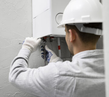 Teknisi sedang memperbaiki water heater di rumah pelanggan